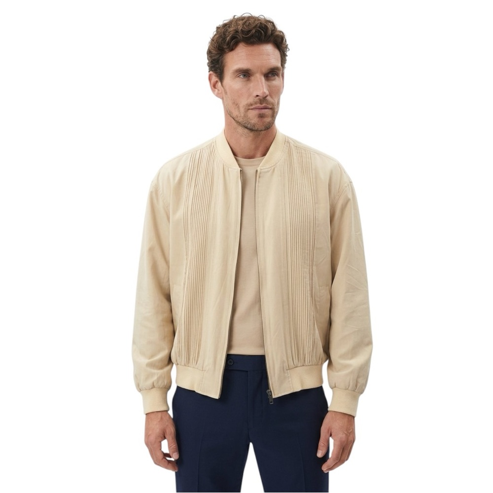 🧊 Scandia Woods Men’s 100% Silk Bomber Jacket XL 🔥 Retro Cream Ribbed Zip-Up